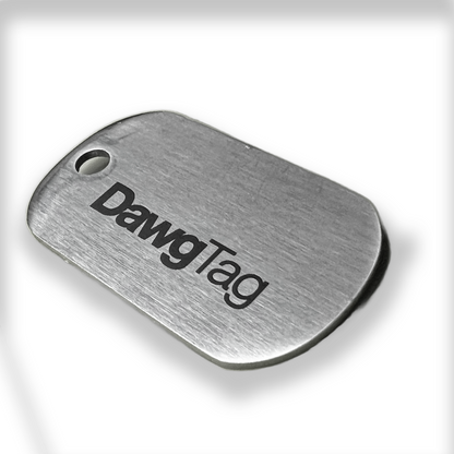 A DAWGTAG ONE brand dog tag with engraved branding
