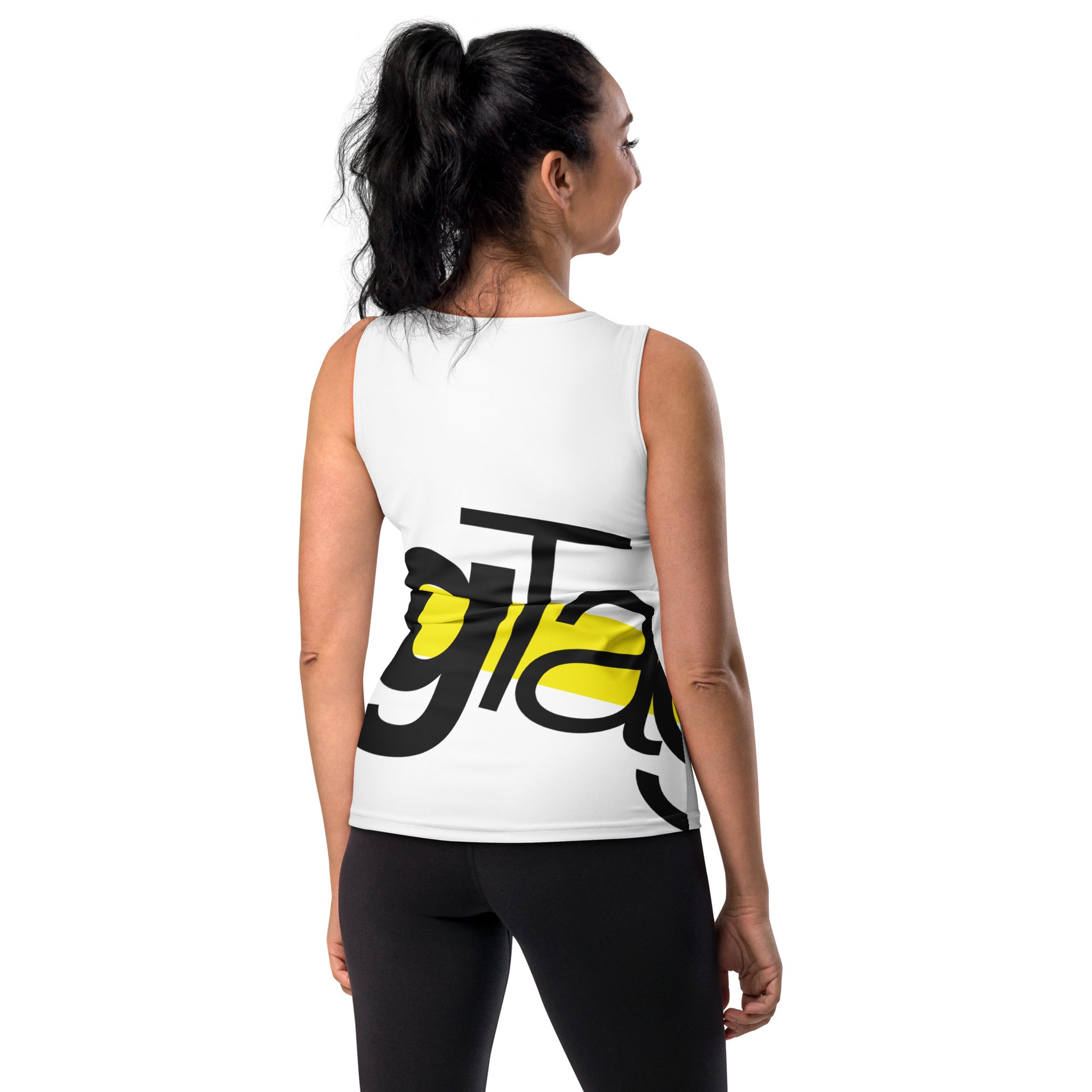 Rear view of an Athletic Tank Top with a yoga print