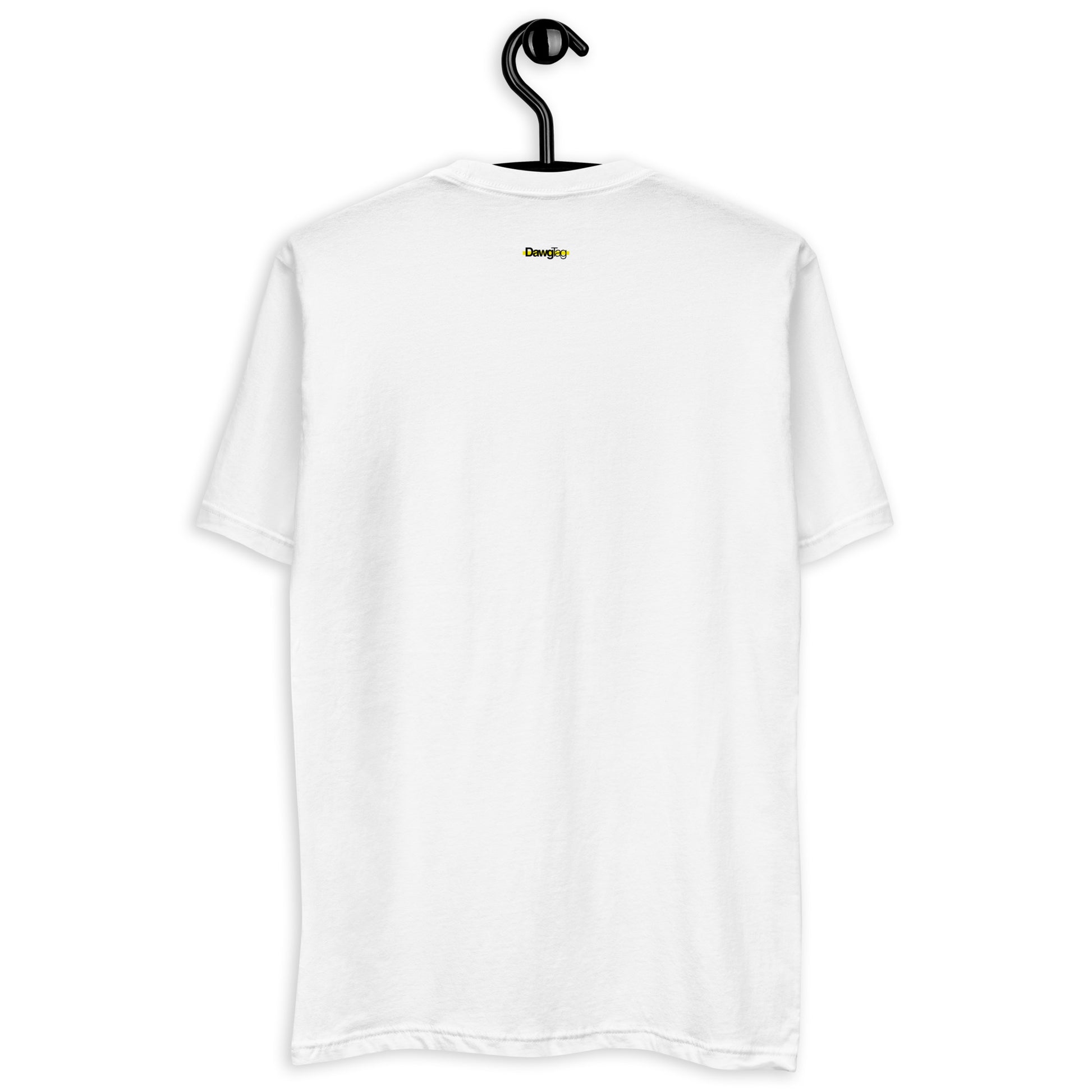 Back view of a white slim-fit t-shirt with a logo