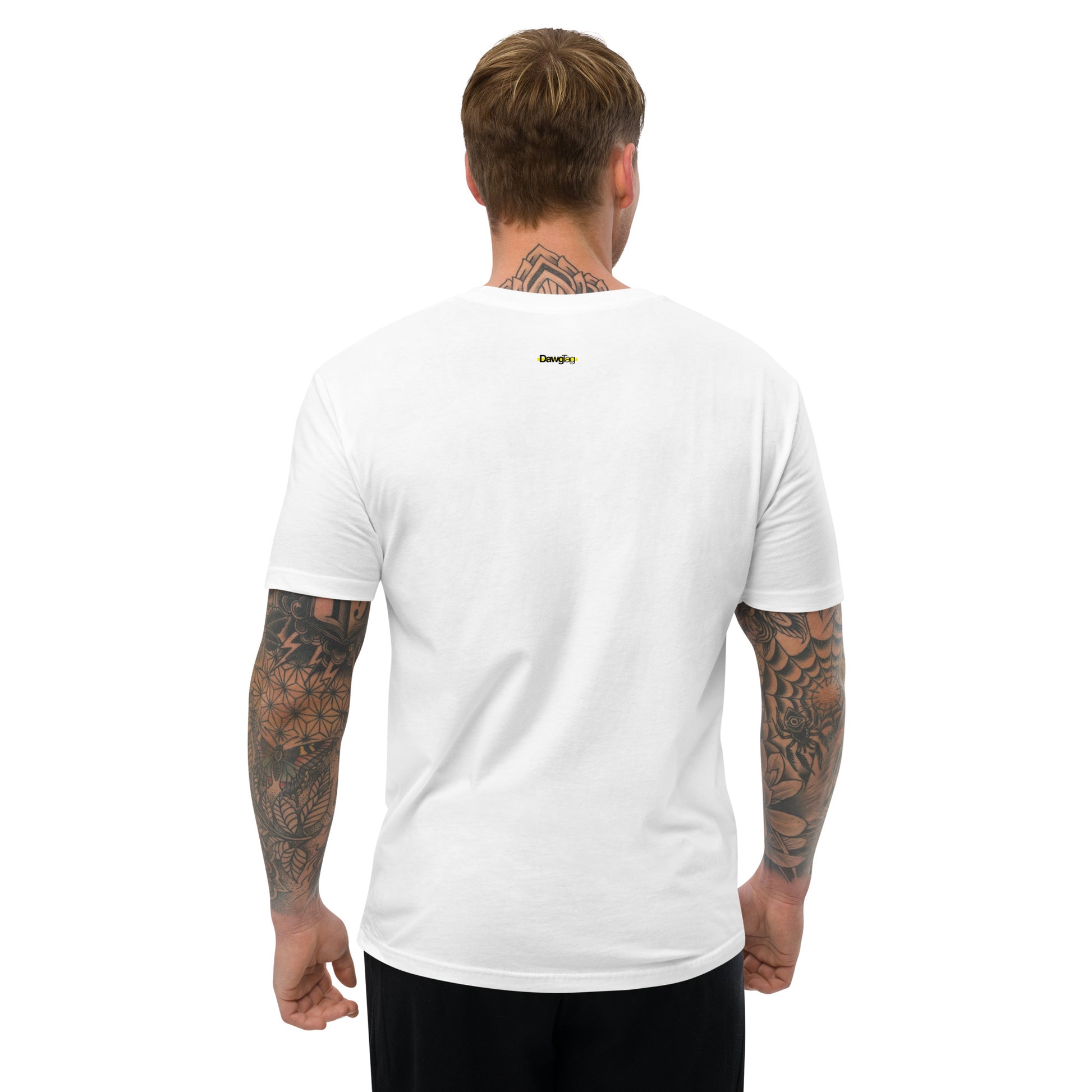 Rear view of a white slim-fit t-shirt worn by a man